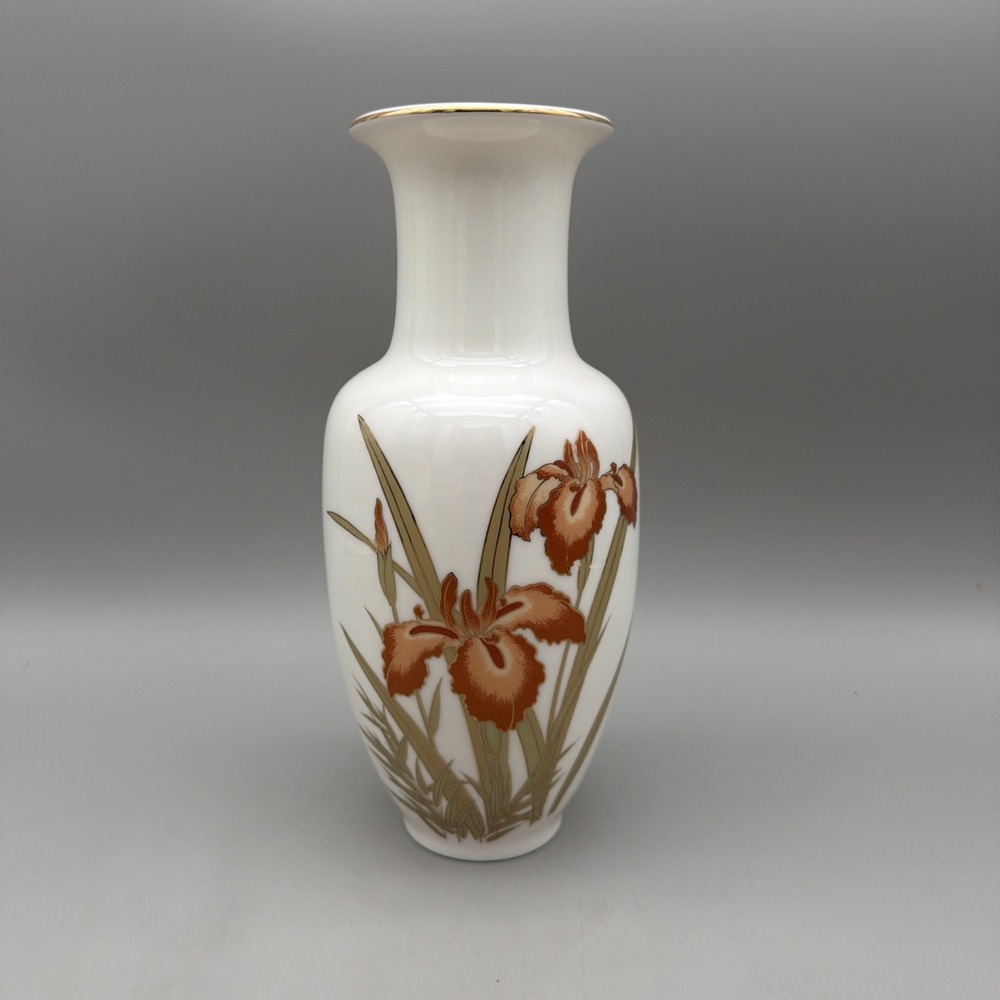 Vintage Japan MCM White Flower Vase Orange  Gold Iris Fine China